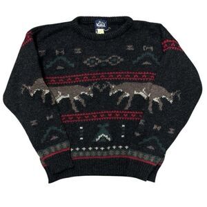 Vintage Woolrich Wool Sweater Deer Reindeer Fair Isle Black Men’s L Nordic Cabin